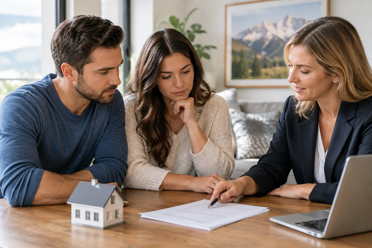 Homeowners reviewing mortgage paperwork with an adviser